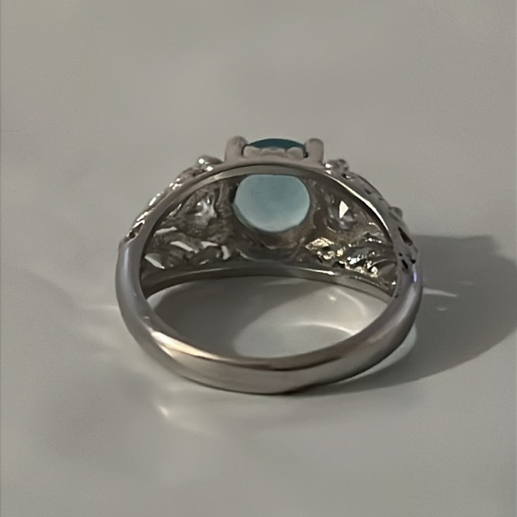 Elegant Art Deco Sterling Silver Aquamarine & White Sapphire Gemstone Ring - Picture 9 of 13